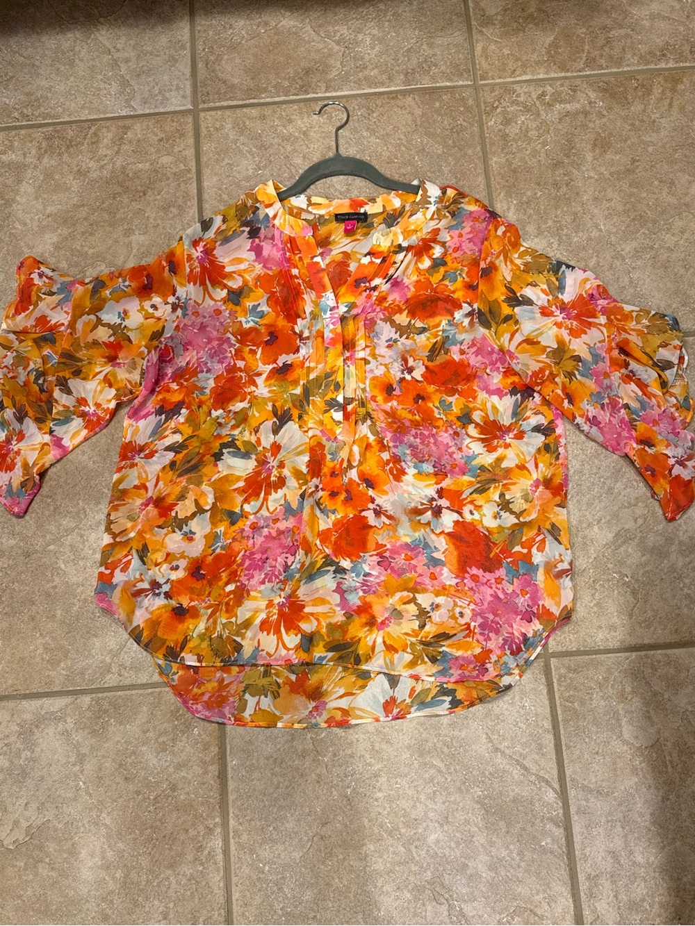 Vince Camuto Orange and Pink Floral Split-Neck Blouse